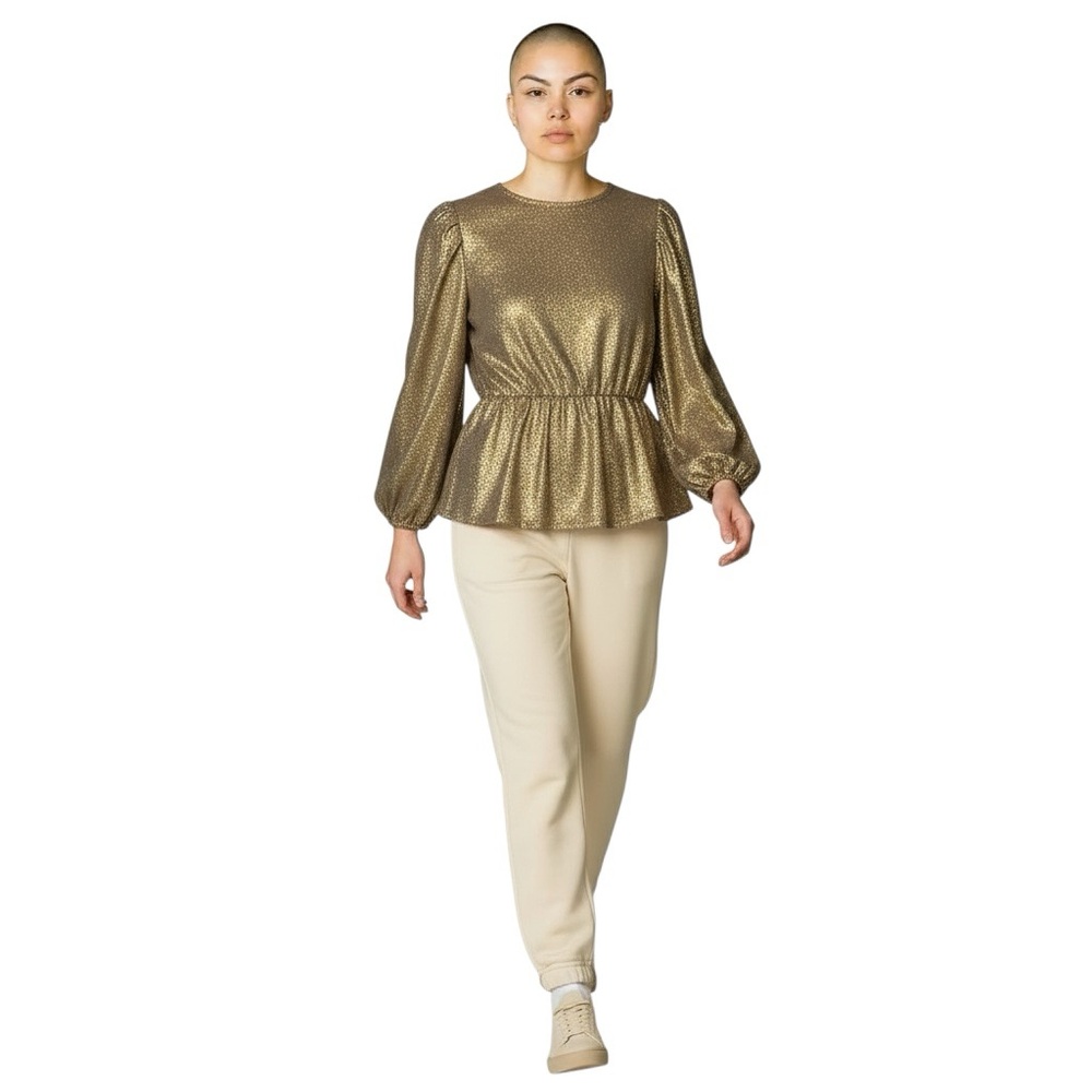 Alex‎ & Parker Women's L Gold Shimmer Holiday Balloon Plated Sleeves Blouse Top - Picture 2 of 9